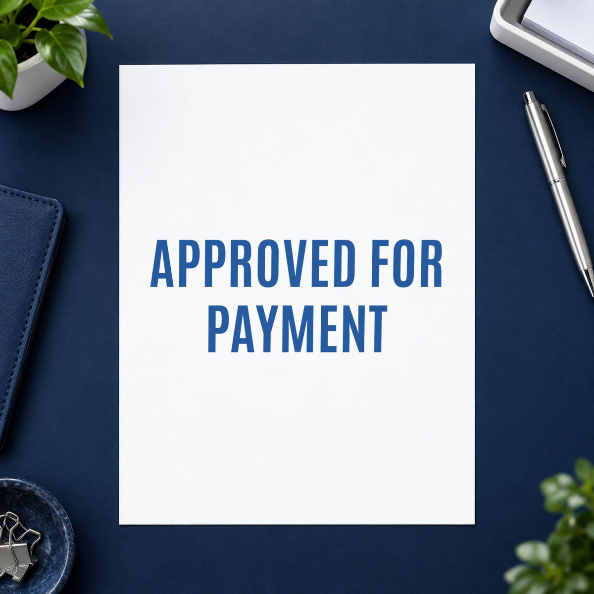 "Approved for payment" impression shown close up, rectangular imprint at 1/2 x 1-5/8 in