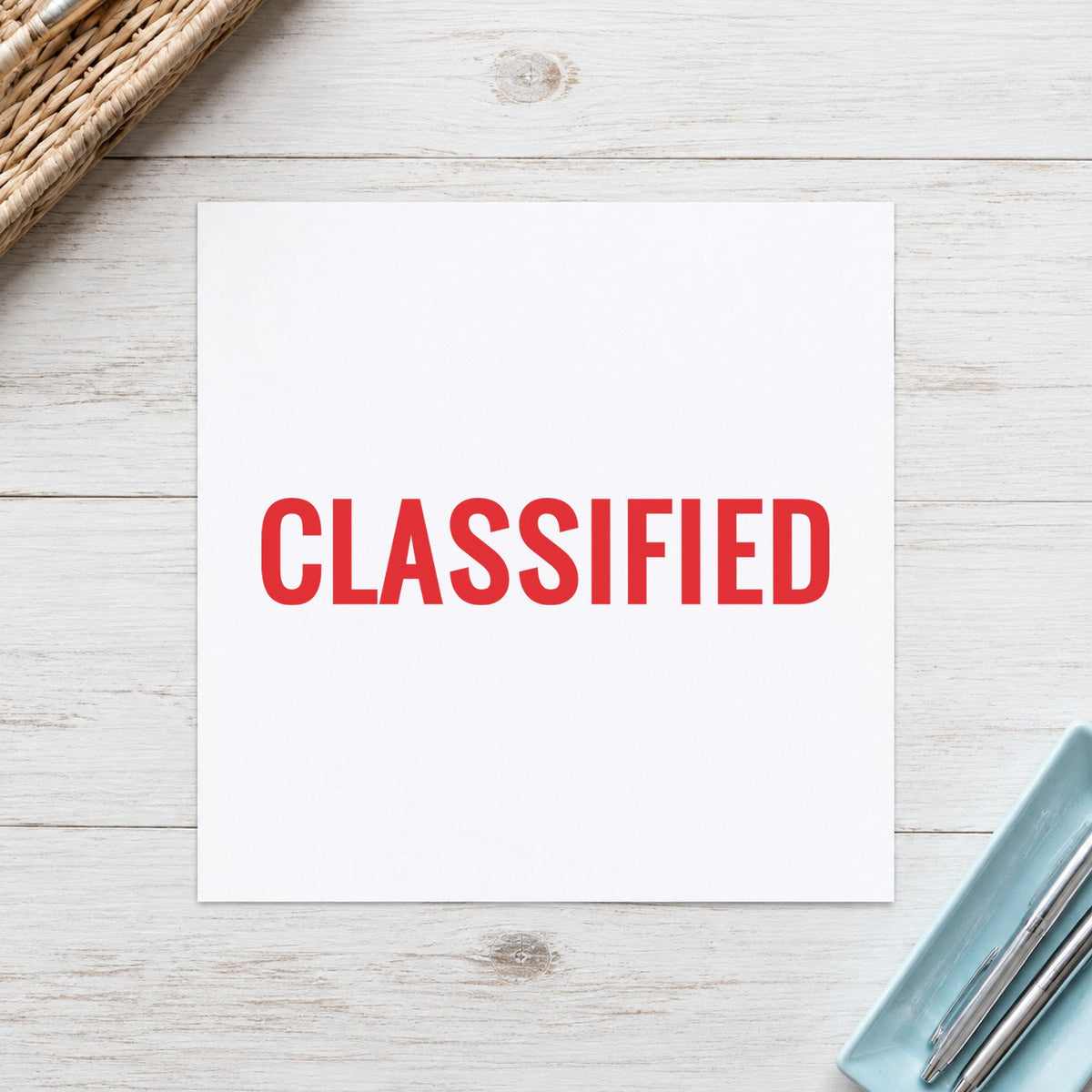 "Classified" imprint from fixed stock wording, no customization needed
