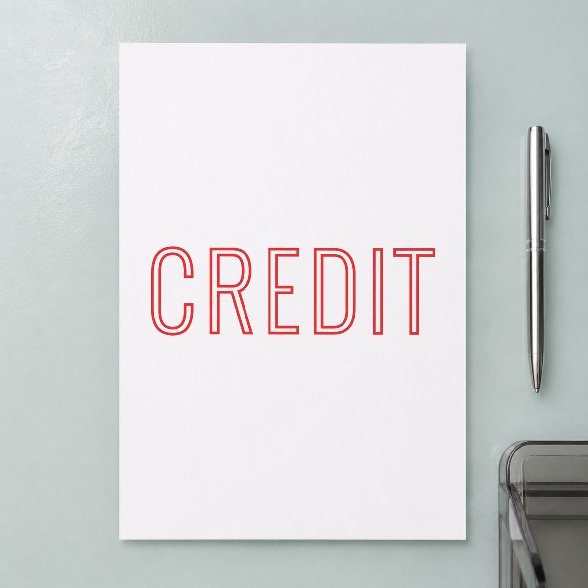 "Credit" impression shown close up, rectangular imprint at 1-5/8 x 1/2 in
