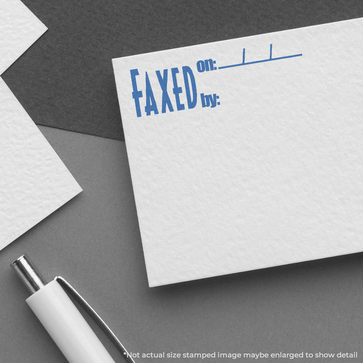 "Faxed on: by:" imprint used to flag items for handling, Xstamper Faxed On: By: Stamp
