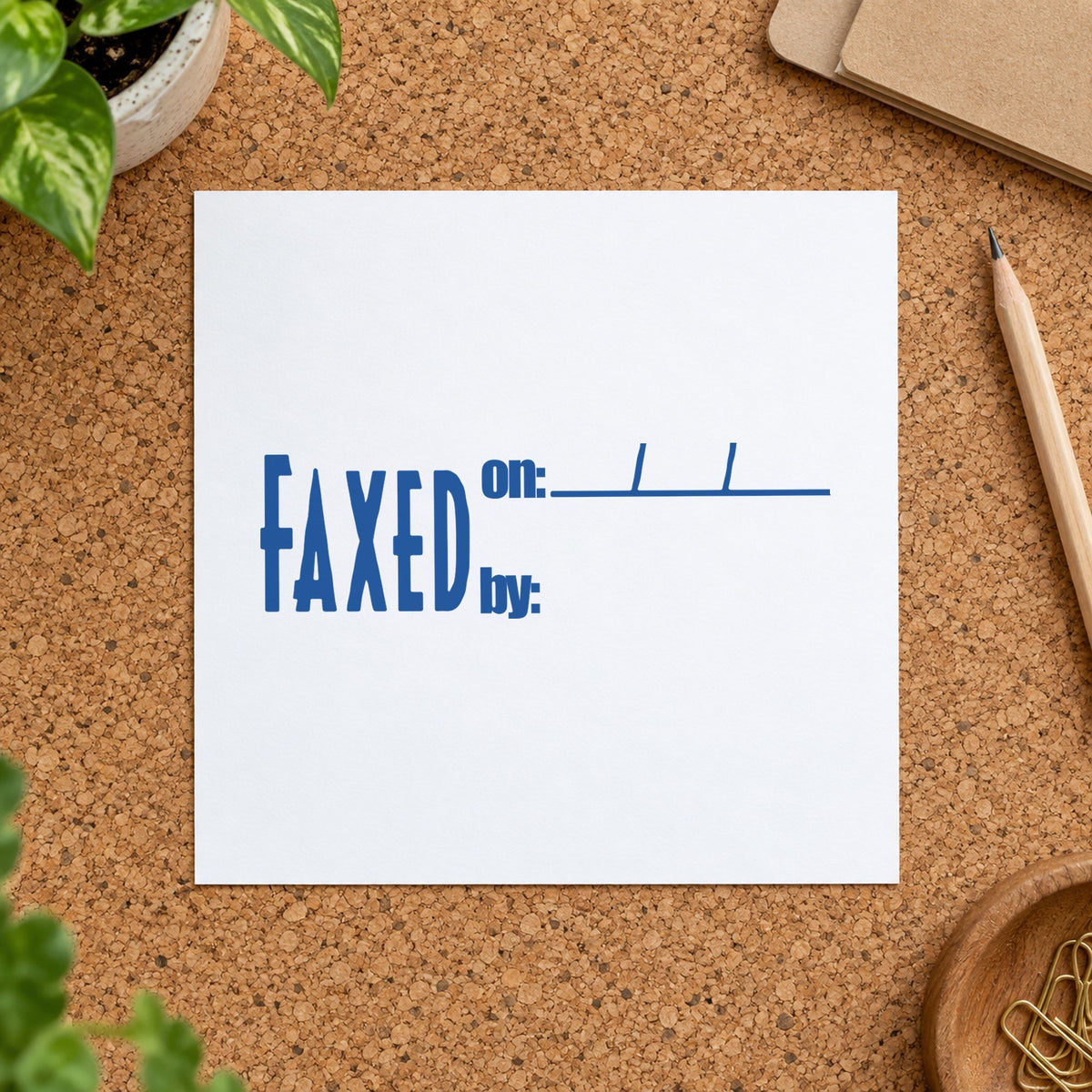 "Faxed on: by:" imprint at 1/2 x 1-5/8 in, no separate ink pad required