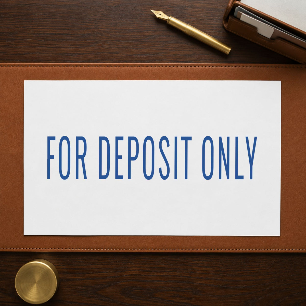 "For deposit only" impression shown close up, rectangular imprint at 1/2 x 1-5/8 in