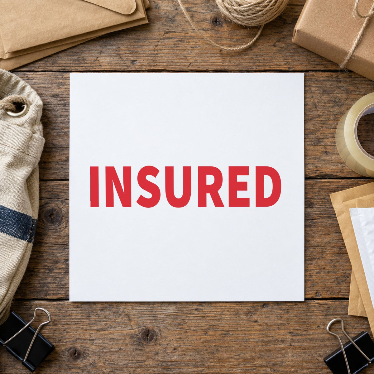 "Insured" impression shown close up, rectangular imprint at 1/2 x 1-5/8 in