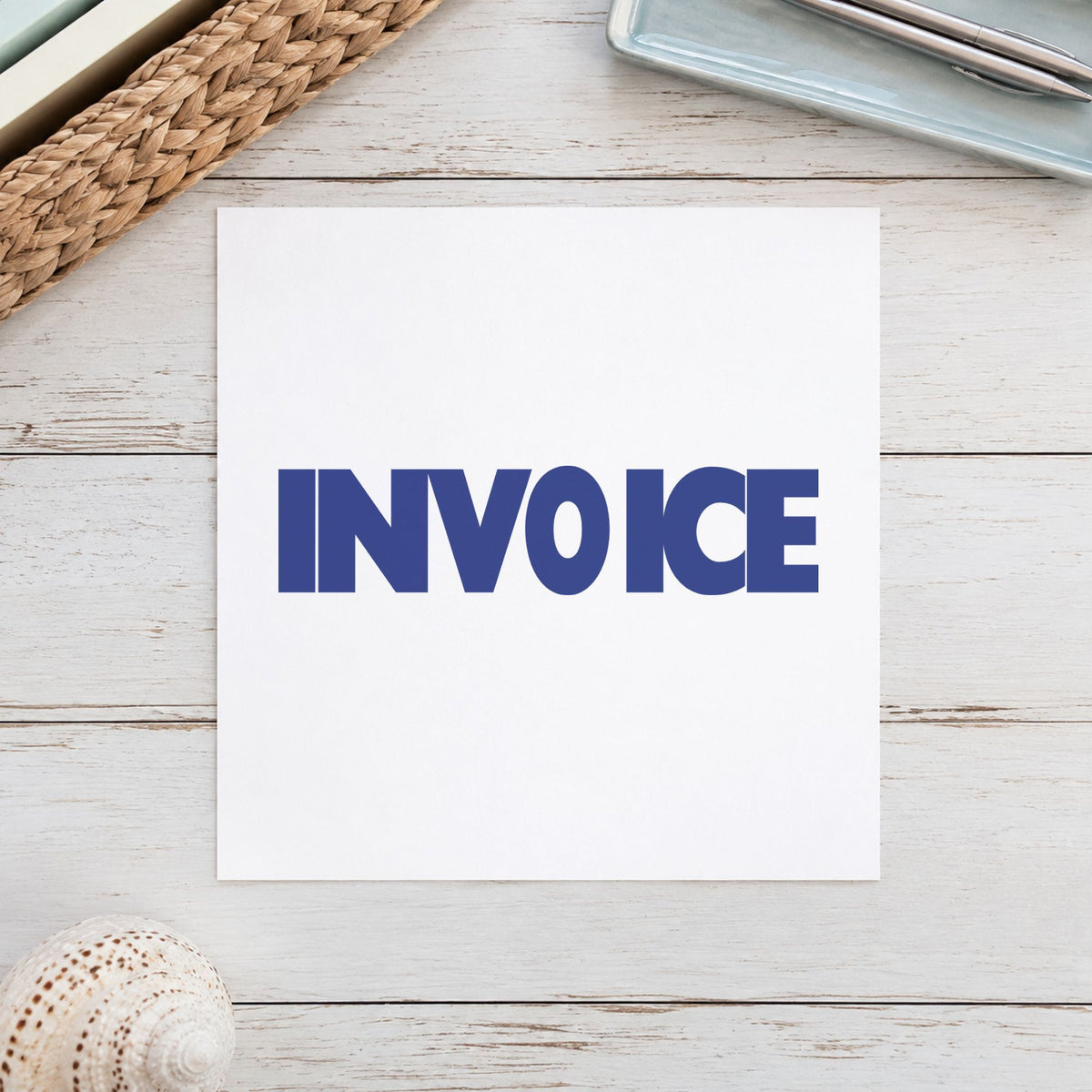 "Invoice" stamp mark in everyday office use, Xstamper 1053