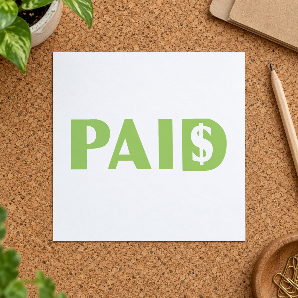 "Paid" imprint from fixed stock wording, no customization needed