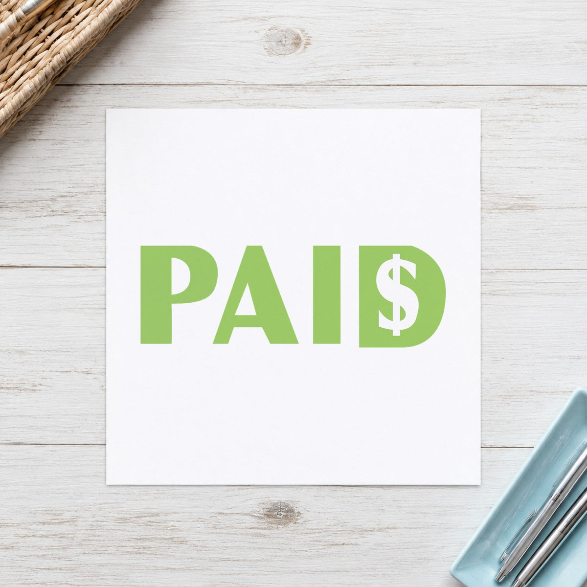 "Paid" imprint at 1/2 x 1-5/8 in, no separate ink pad required