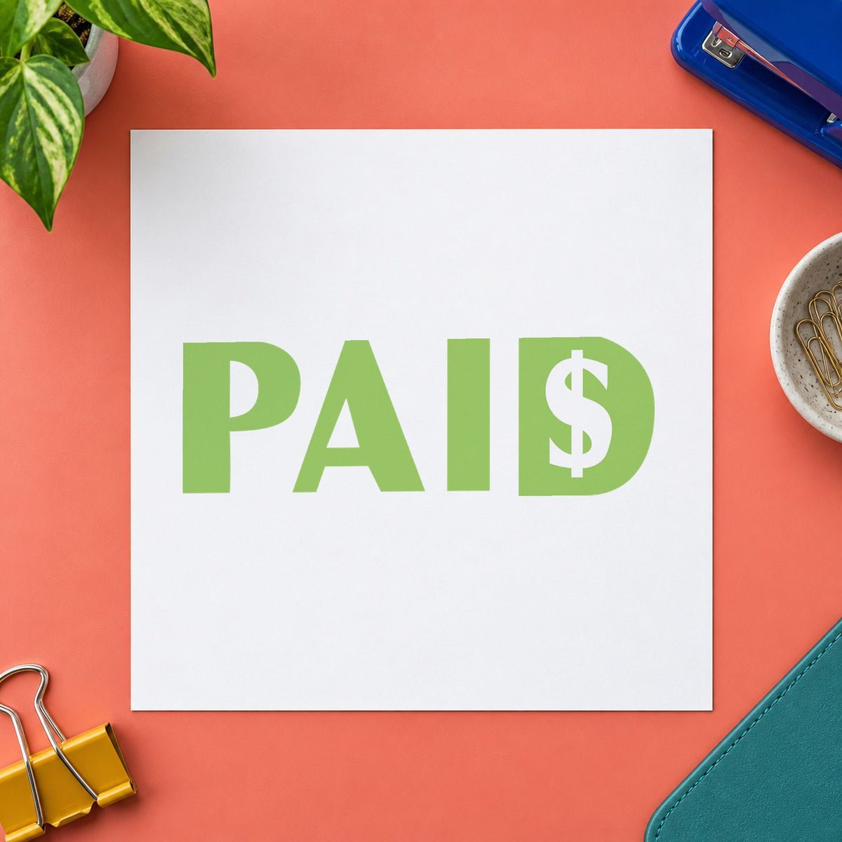Marking a page "Paid" with the Green Paid Accounting Stamp