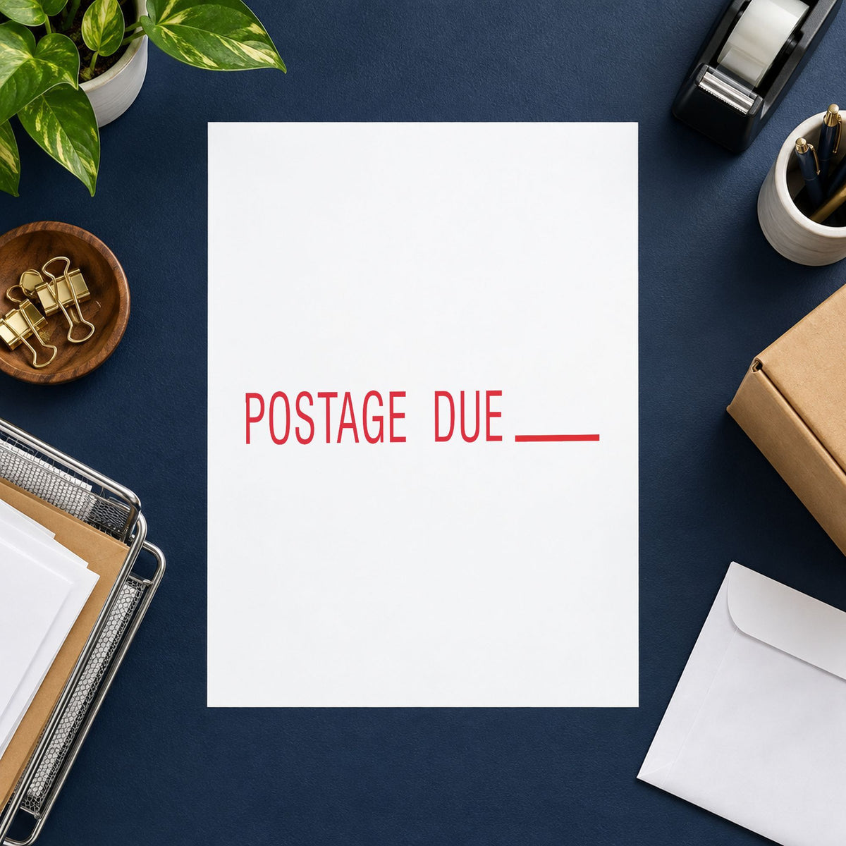 "Postage due" impression shown close up, rectangular imprint at 1/2 x 1-5/8 in