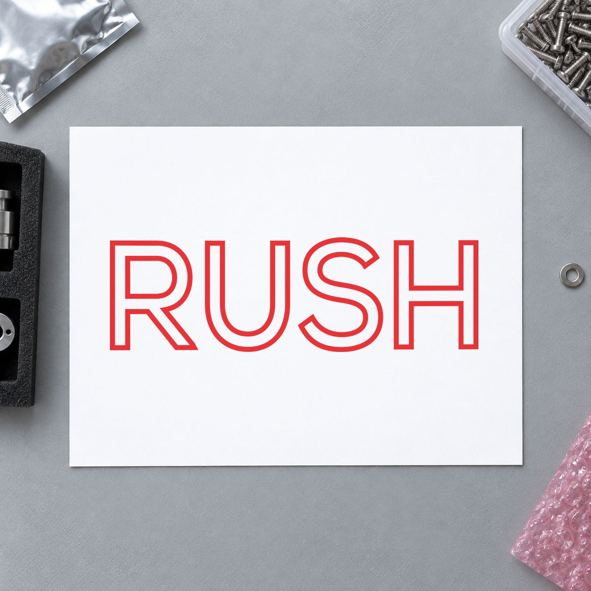 "Rush" imprint at 1-5/8 x 1/2 in, no separate ink pad required