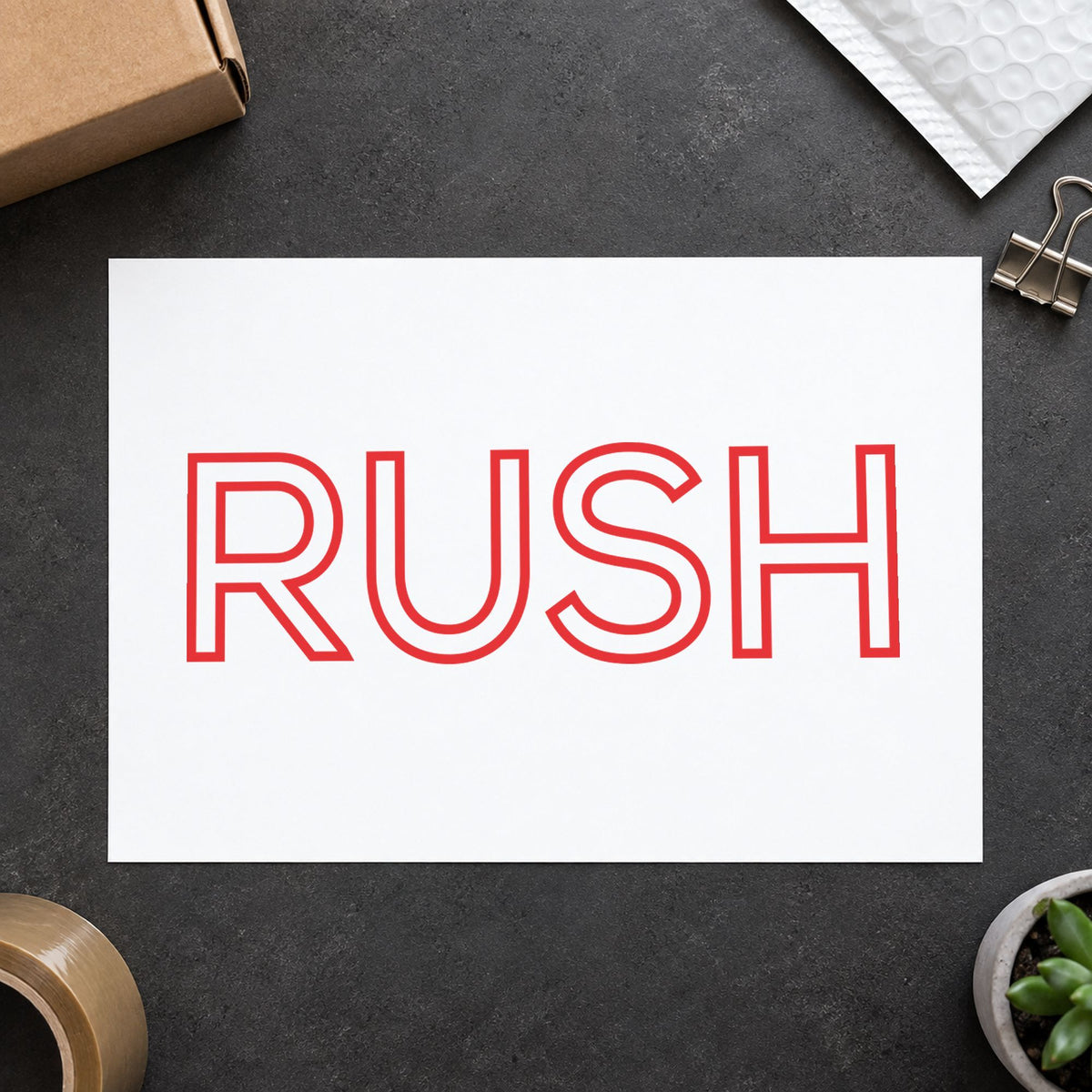 "Rush" stamp mark in everyday office use, Xstamper 1004