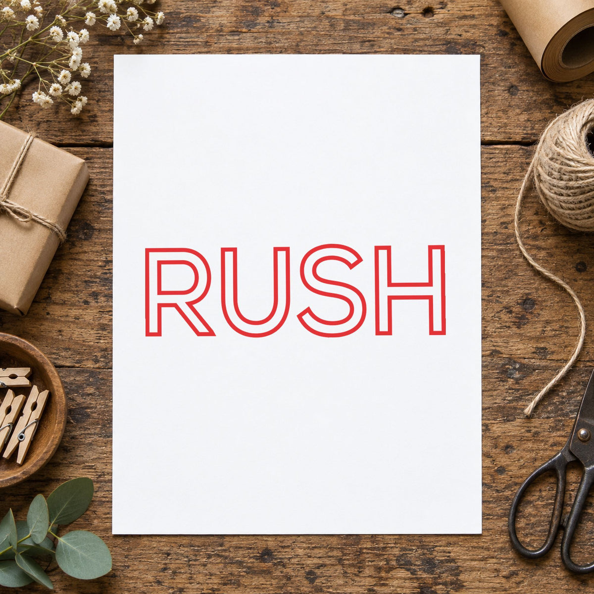 "Rush" impression shown close up, rectangular imprint at 1-5/8 x 1/2 in