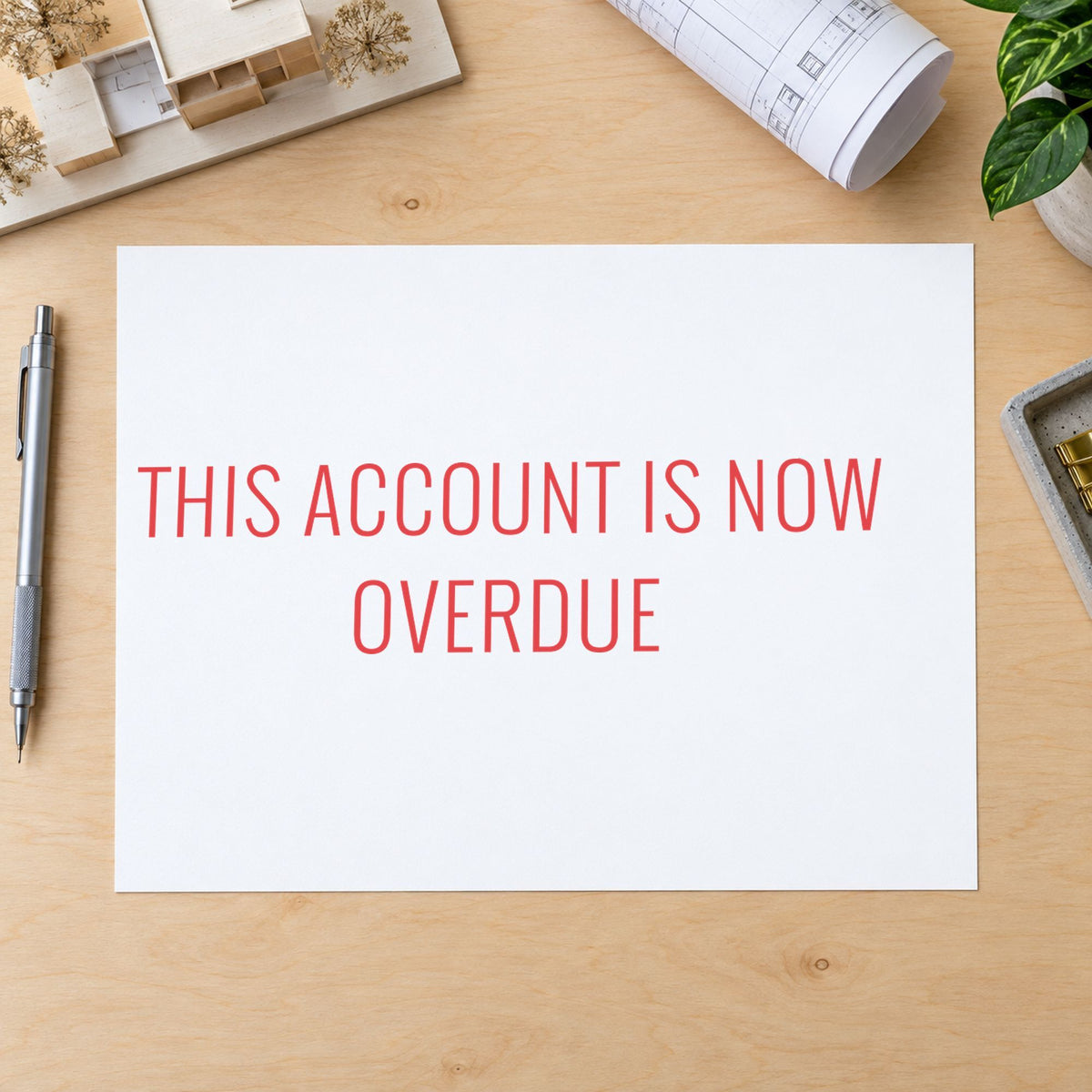 "This account is now overdue" imprint from fixed stock wording, no customization needed