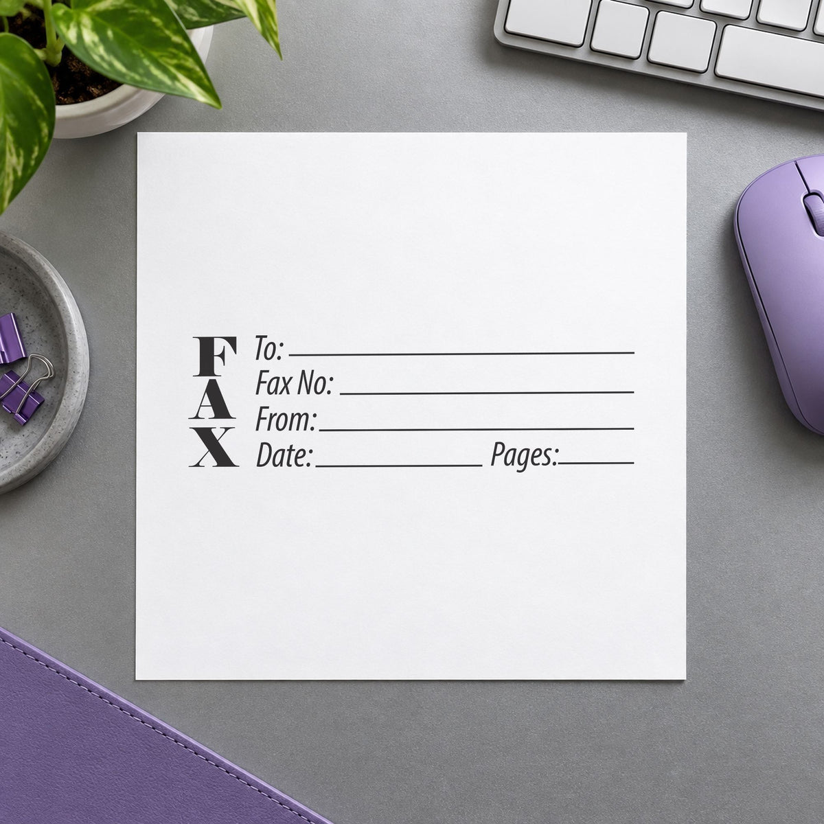 "Fax stamp" imprint at 7/8 x 2-3/4 in, no separate ink pad required