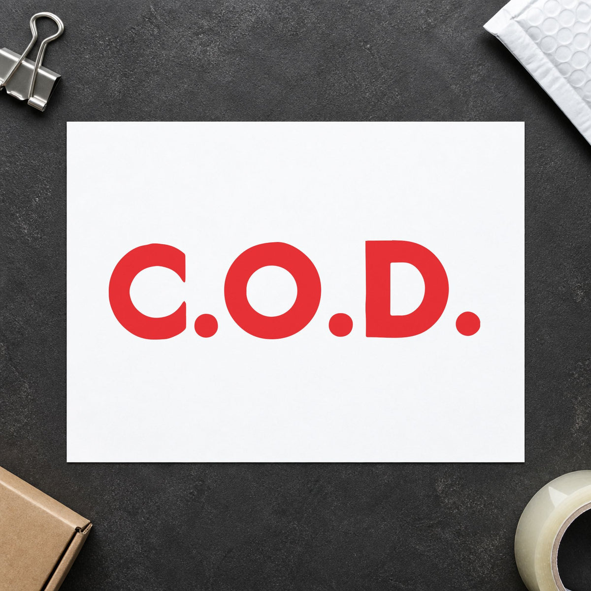 "C.O.D." imprint stamped on a document with the C.O.D. Payment Stamp – Jumbo Bold Red Pre-Inked Xstamper