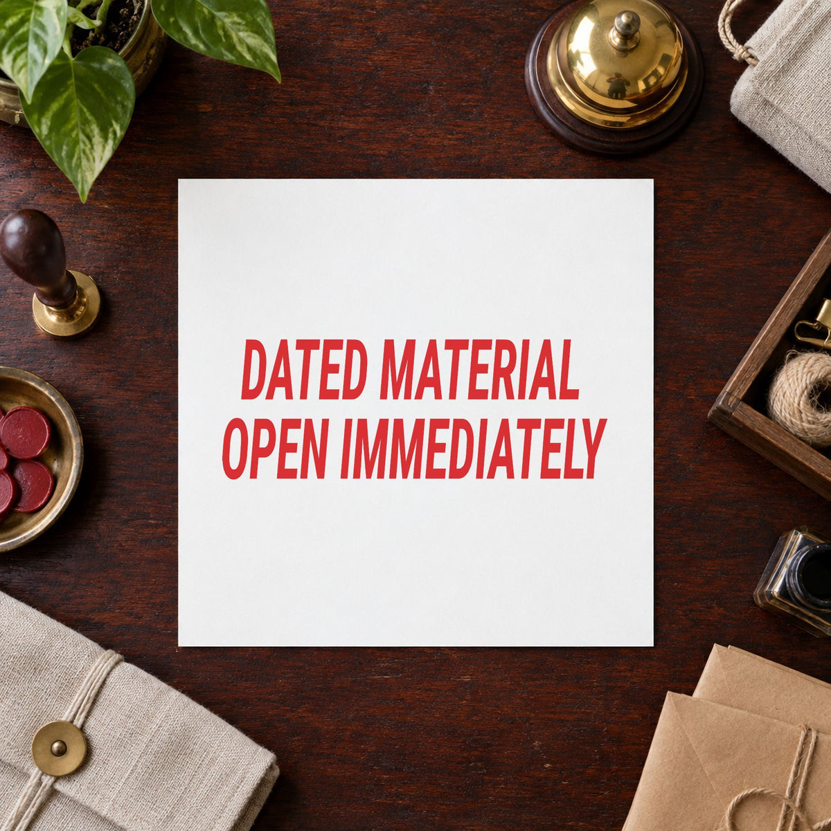 "Dated material open immediately" imprint from fixed stock wording, no customization needed