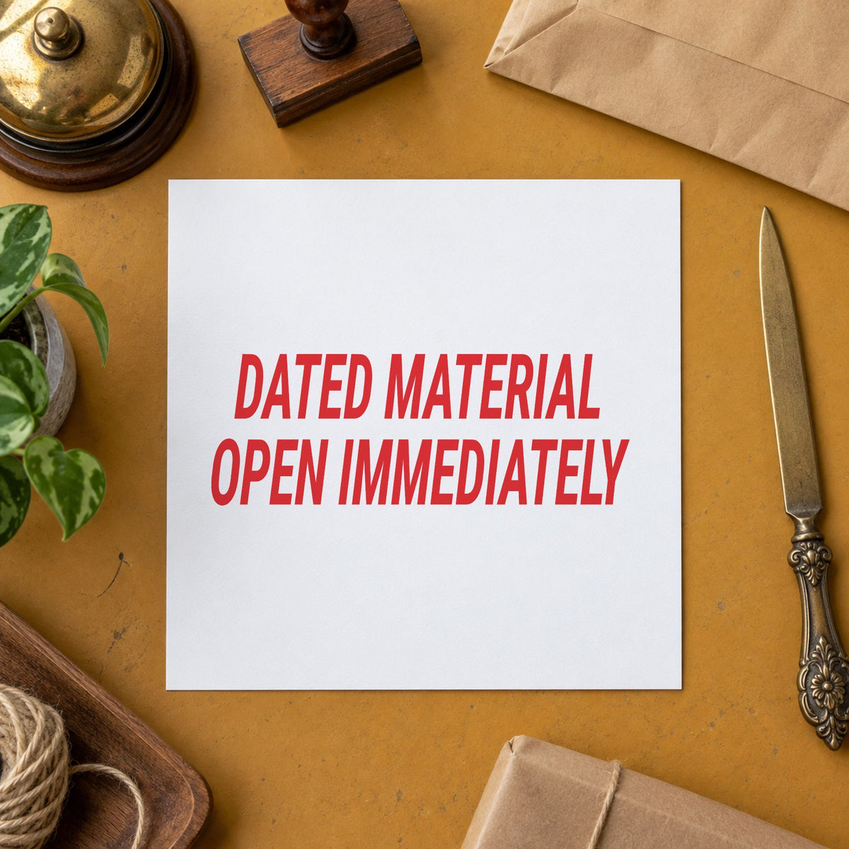 "Dated material open immediately" imprint at 7/8 x 2-3/4 in, no separate ink pad required