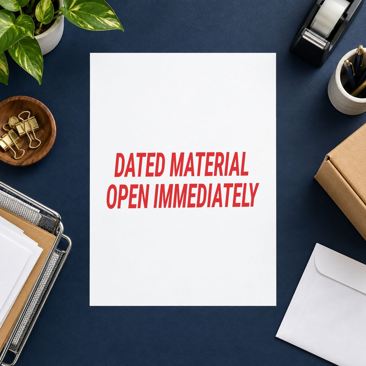 Jumbo Dated Material Open Immediately Mailing Stamp leaving a clean "Dated material open immediately" impression