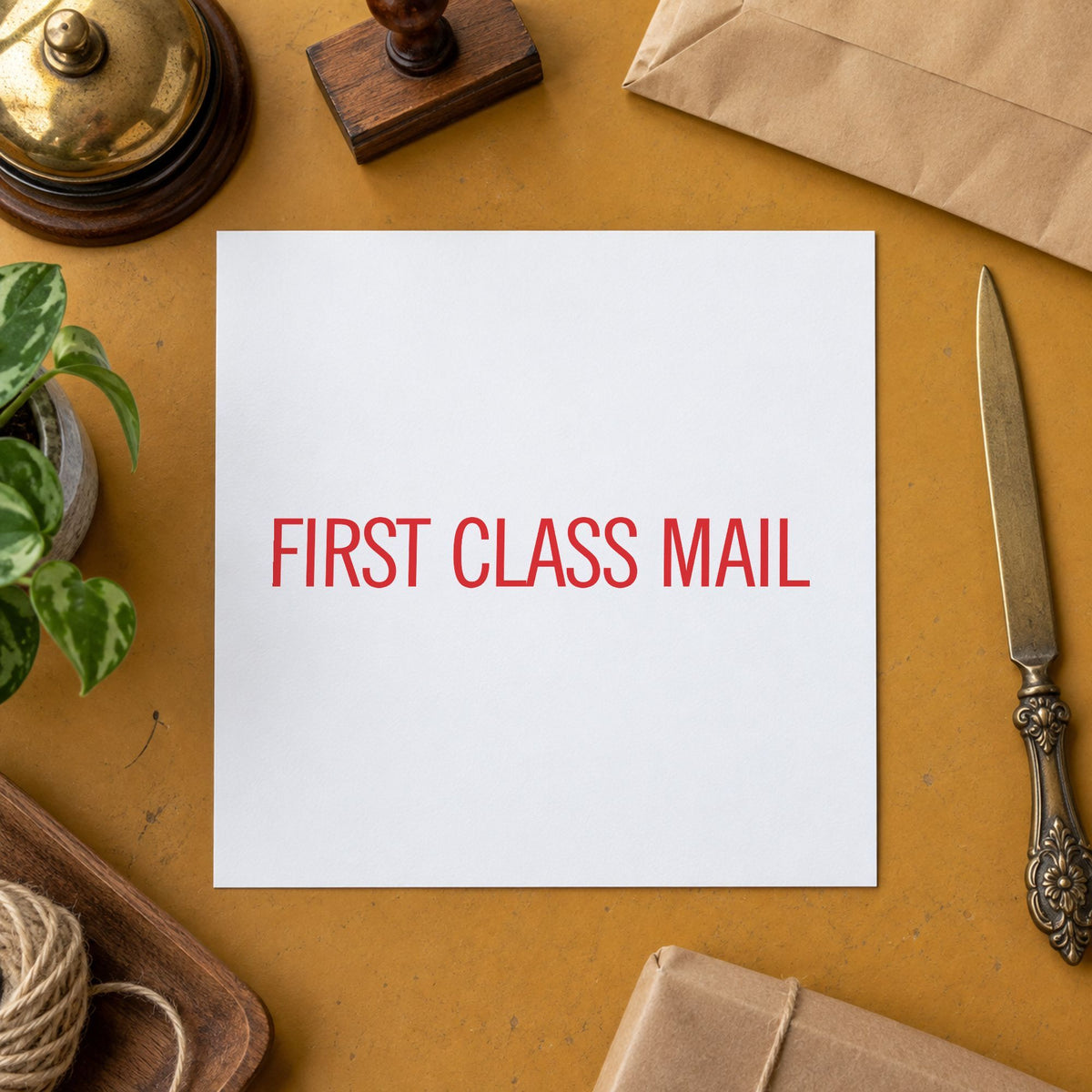 "First class mail" imprint stamped on a document with the First Class Mail Document Stamp – Jumbo Red Pre-Inked Xstamper