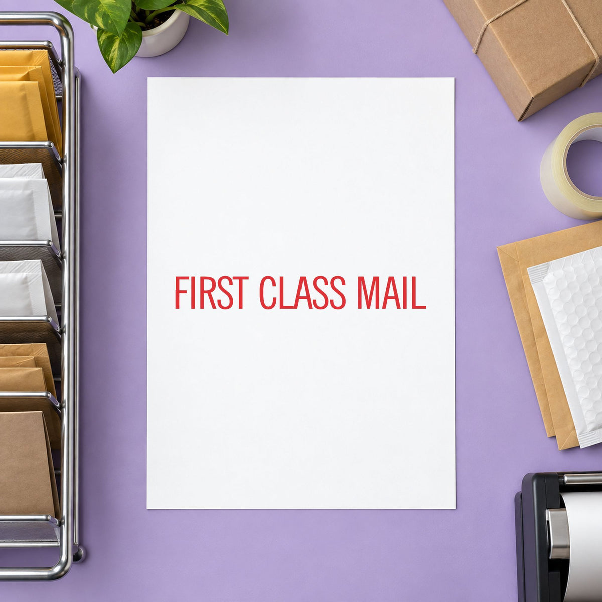 "First class mail" impression shown close up, rectangular imprint at 2-3/4 x 7/8 in