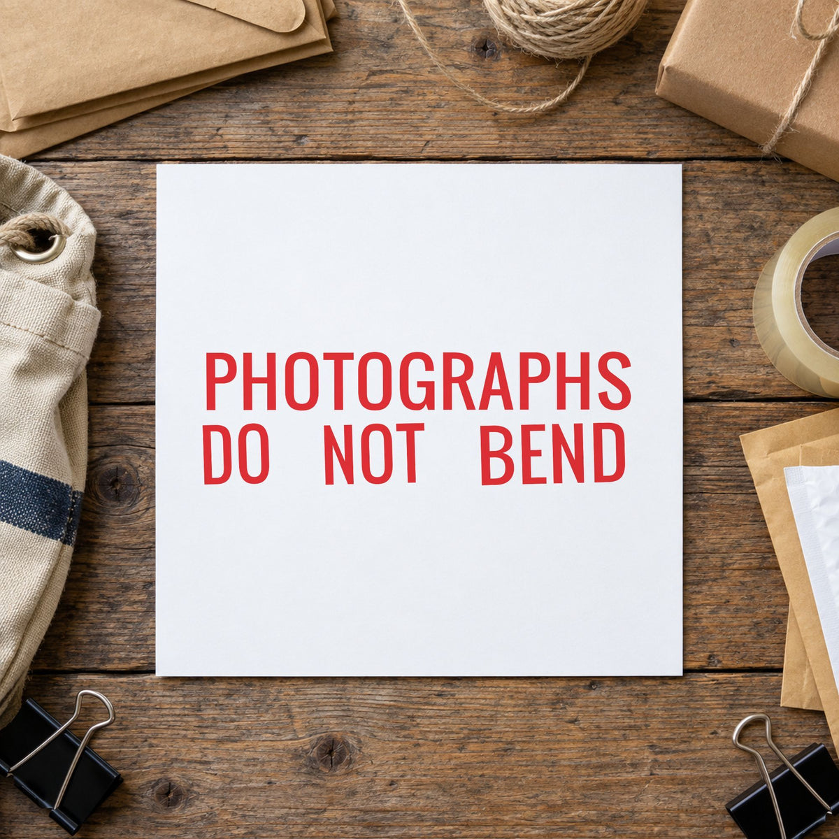 "Photographs do not bend" imprint from fixed stock wording, no customization needed