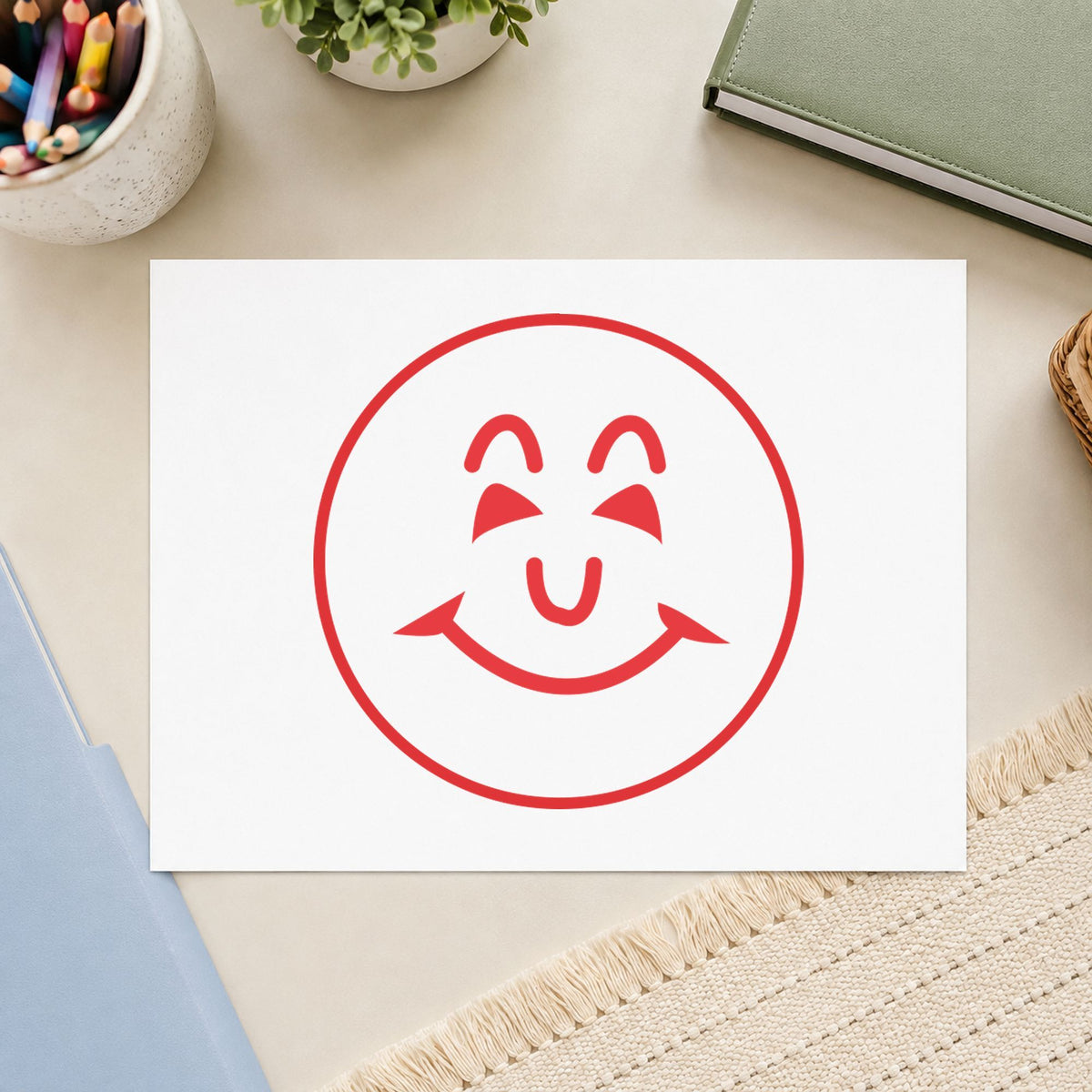 Crisp "Smiley face" imprint produced by the Round Red Smiley Face Teacher Stamp