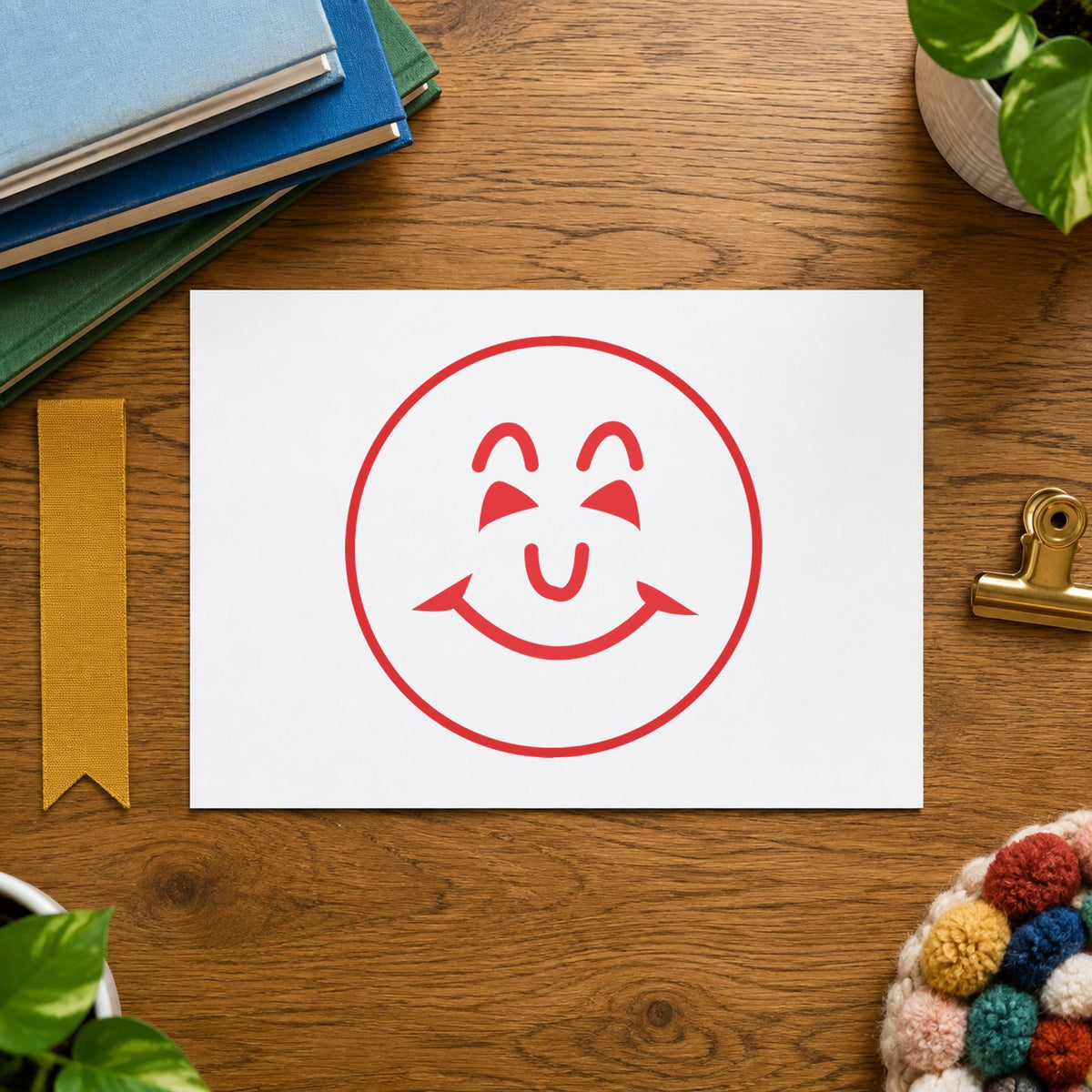 Round Red Smiley Face Teacher Stamp leaving a clean "Smiley face" impression