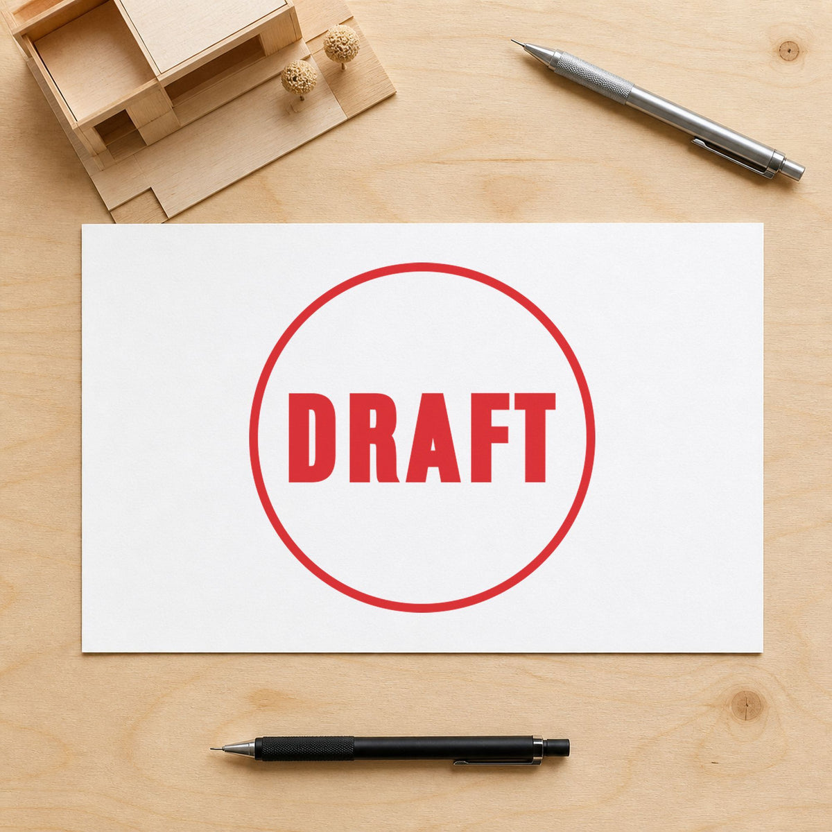 "Draft" imprint stamped on a document with the Round Draft Stamp