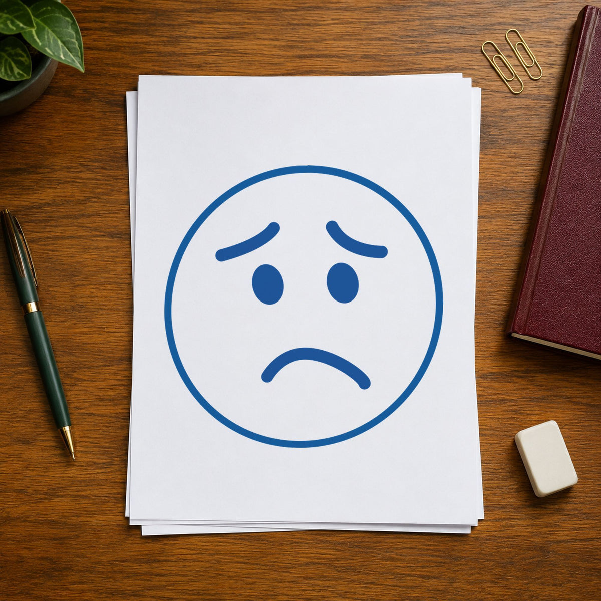 "Frown face" imprint stamped on a document with the Round Frown Face Stamp
