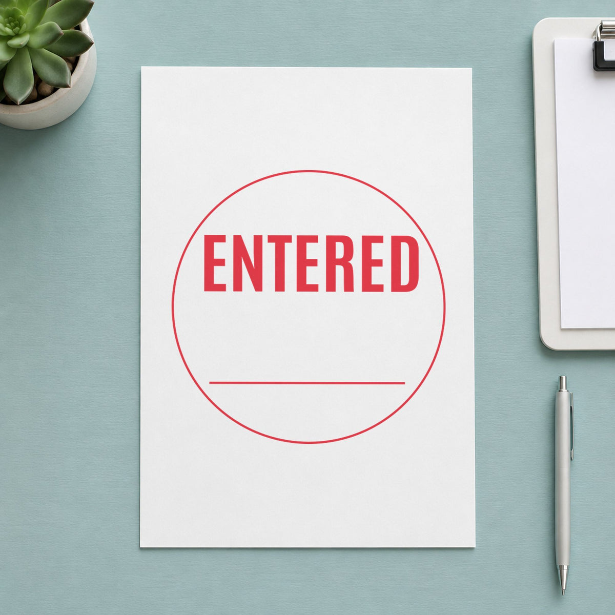 Crisp "Entered" imprint produced by the Entered Stamp For Data Entry Records – Round Pre-Inked Xstamper