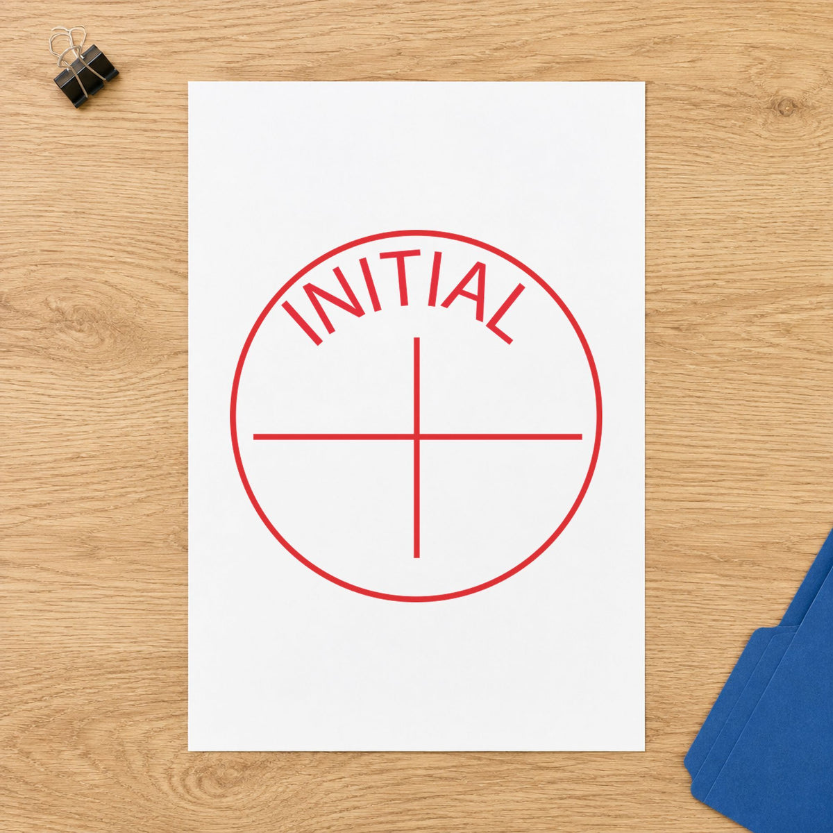 Crisp "Initial" imprint produced by the Round Initial Instruction Stamp