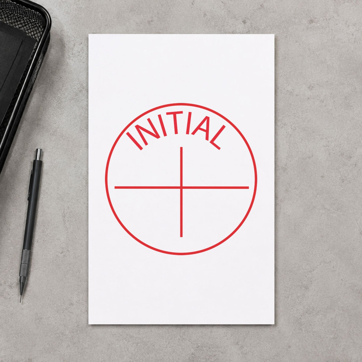 "Initial" imprint at 5/8 in diameter, no separate ink pad required