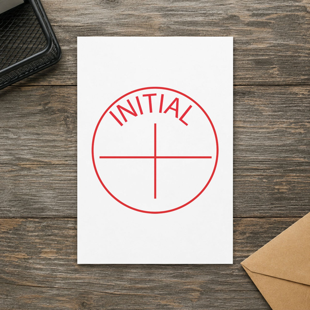 "Initial" impression shown close up, round imprint at 5/8 in diameter