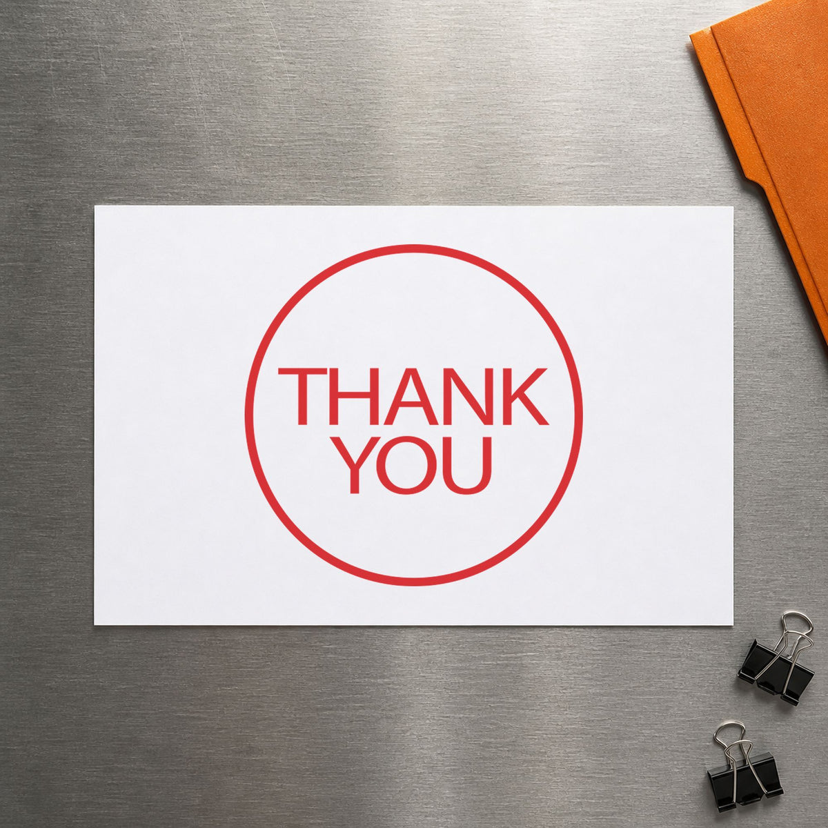 "Thank you" imprint at 5/8 in diameter, no separate ink pad required
