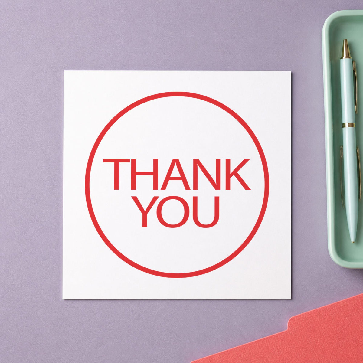 "Thank you" impression shown close up, round imprint at 5/8 in diameter