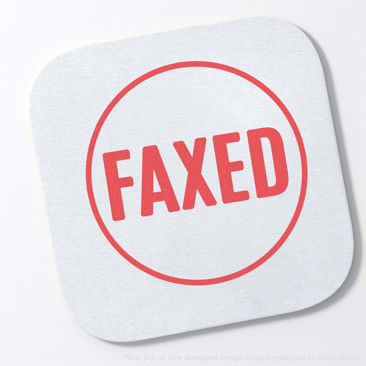 "Faxed" stamp impression on light paper stock, Xstamper Faxed Record Stamp – Round Pre-Inked