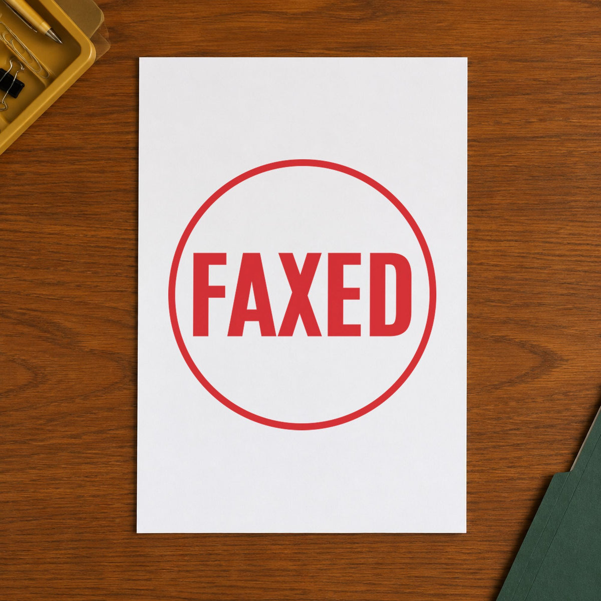 "Faxed" imprint at 5/8 in diameter, no separate ink pad required