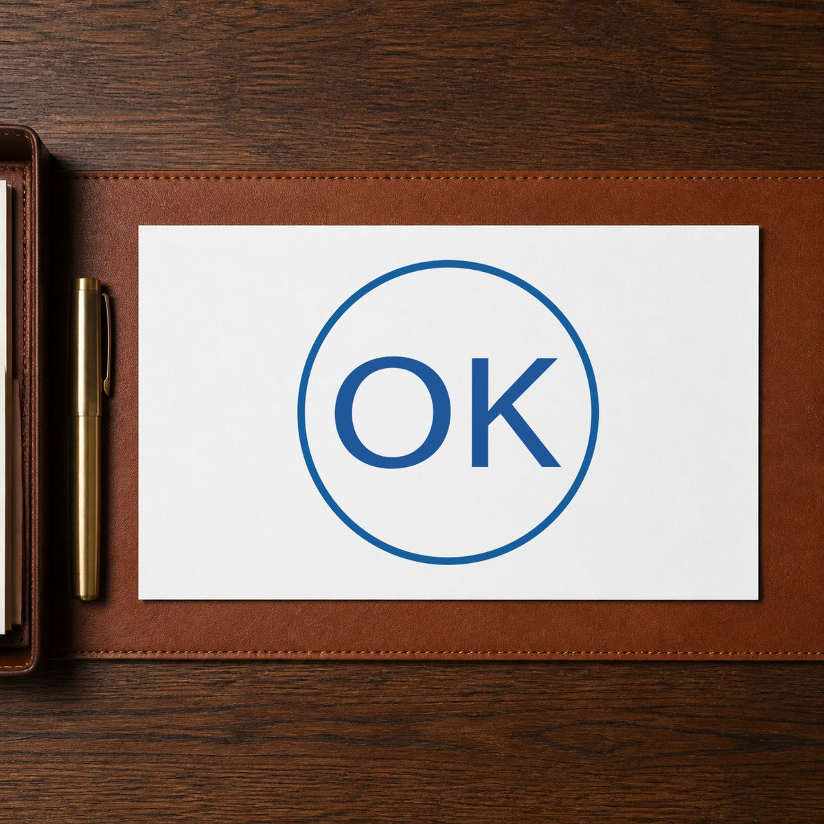 Crisp "OK" imprint produced by the OK Approval Stamp – Round Pre-Inked Xstamper