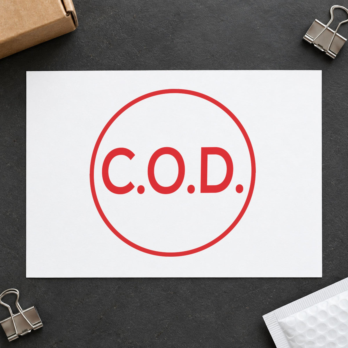 "C.O.D." imprint at 5/8 in diameter, no separate ink pad required