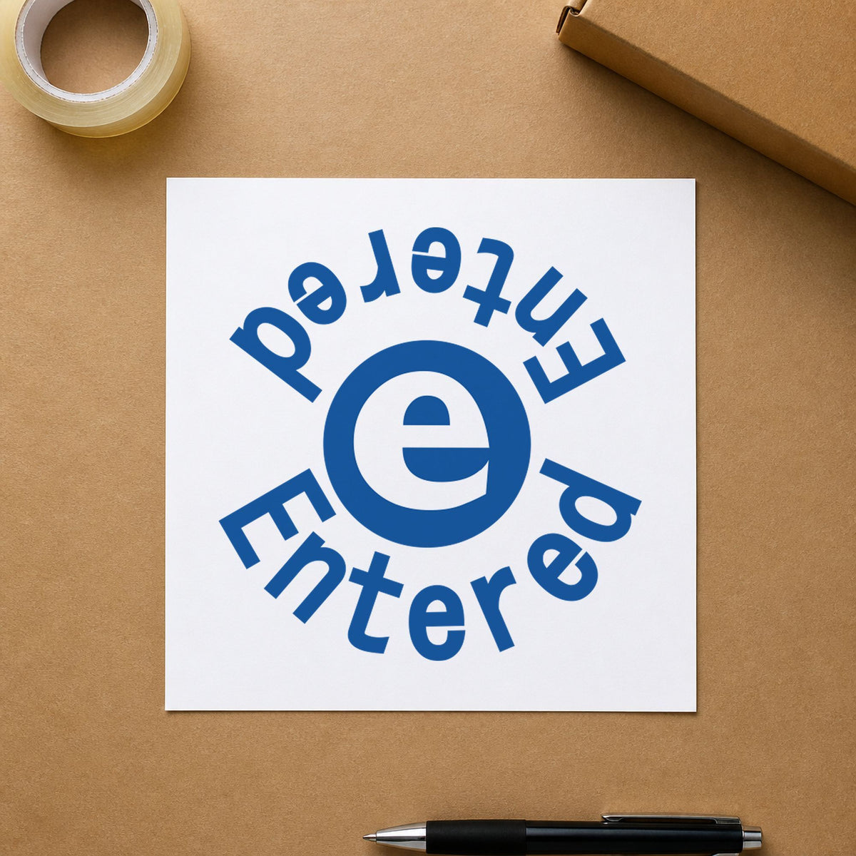 Crisp "Entered" imprint produced by the Xstamper Entered Data Entry Stamp – Round Blue Pre-Inked