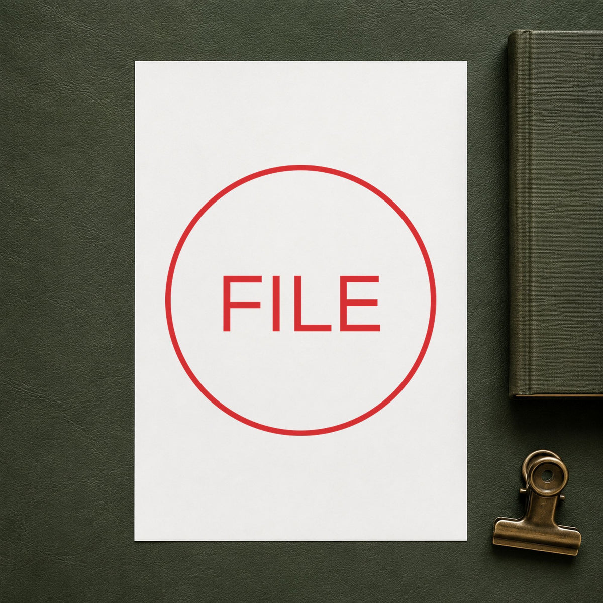 "File" imprint at 5/8 in diameter, no separate ink pad required