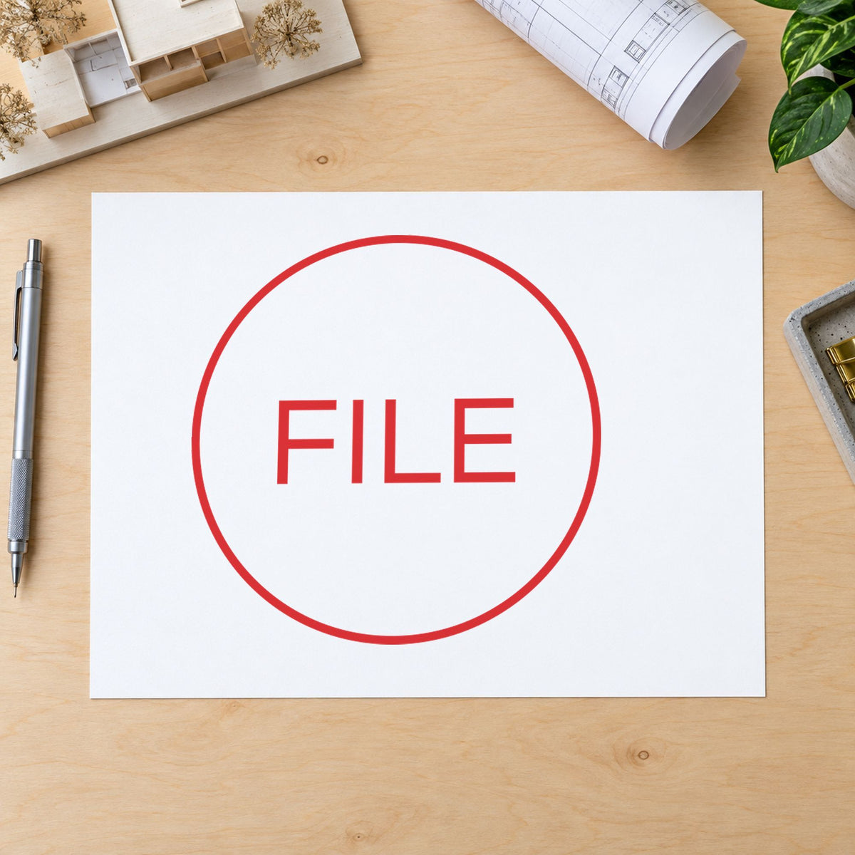 Round File Document Stamp leaving a clean "File" impression