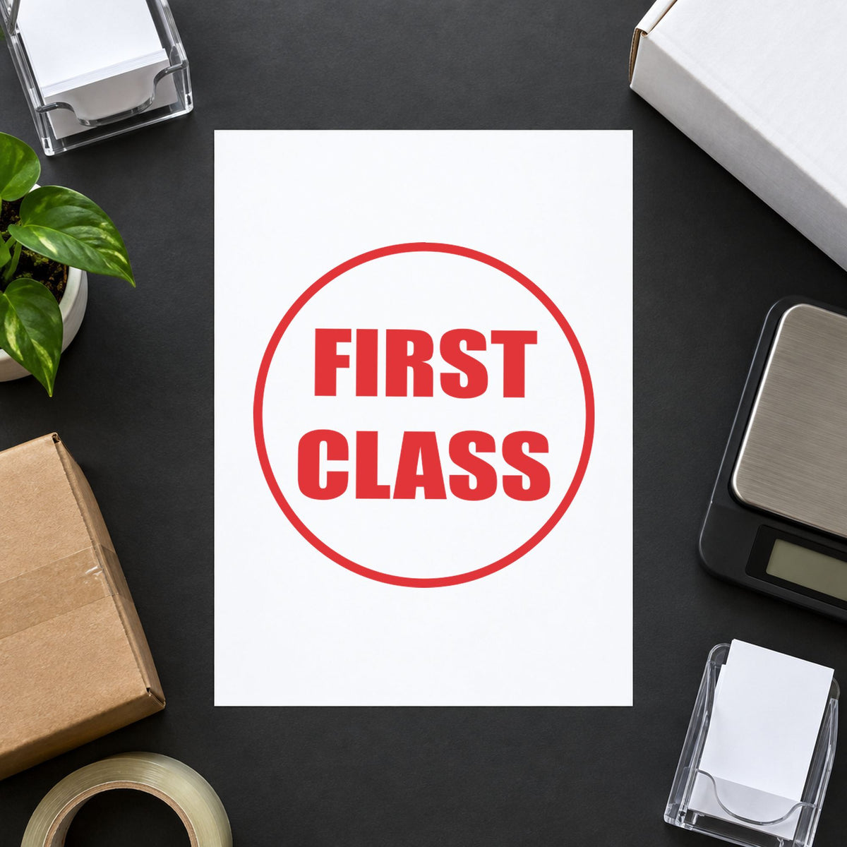 "First class" mark added to paperwork with a pre-inked Xstamper stamp