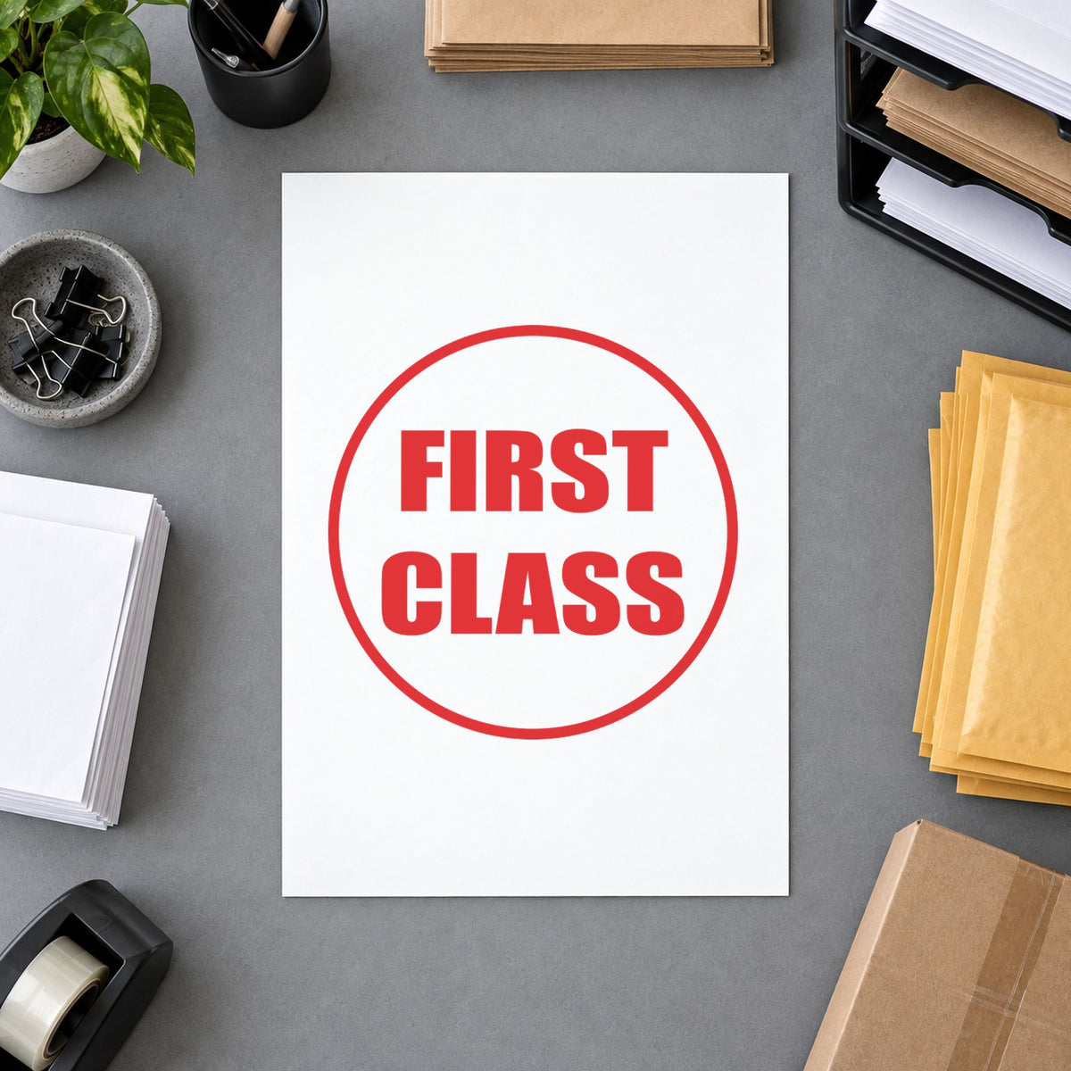"First class" imprint at 5/8 in diameter, no separate ink pad required