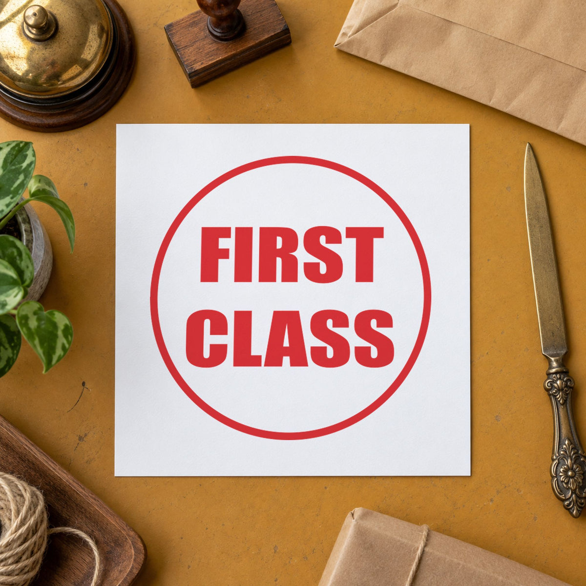 Marking a page "First class" with the First Class Stamp – Round Pre-Inked Xstamper