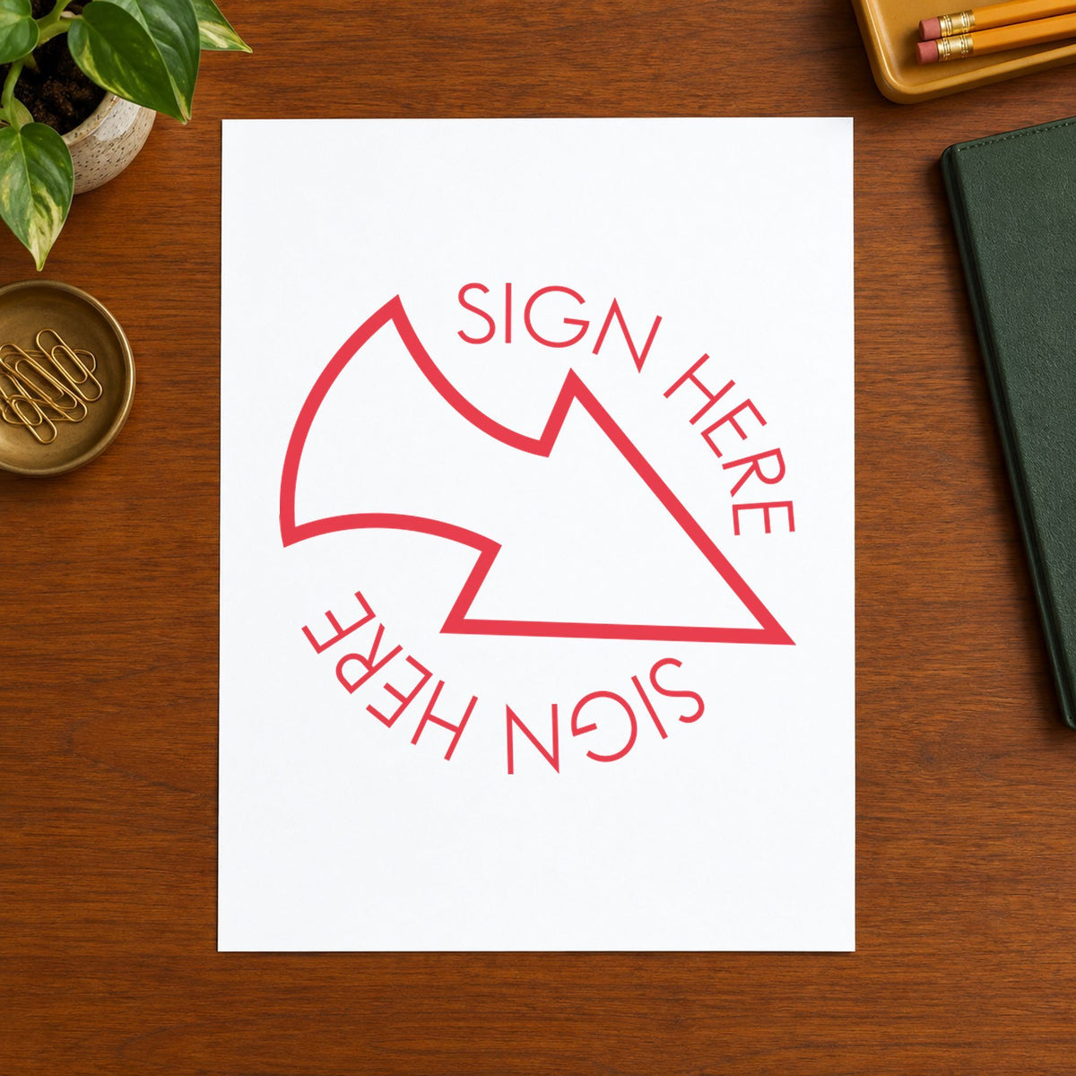"Sign here" stamp impression made with pre-inked Xstamper 11425