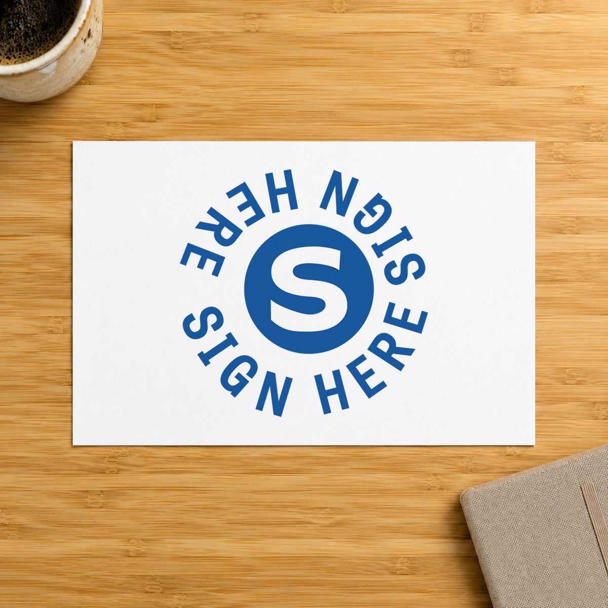 "Sign here" imprint at 5/8 in diameter, no separate ink pad required