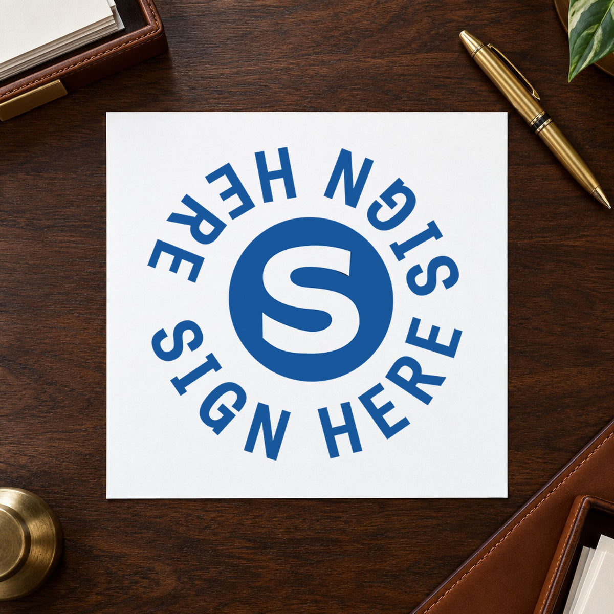 Xstamper Sign Here Stamp – Round Blue Pre-Inked leaving a clean "Sign here" impression