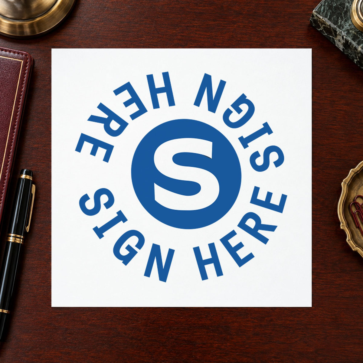 "Sign here" stamp mark in everyday office use, Xstamper 11424