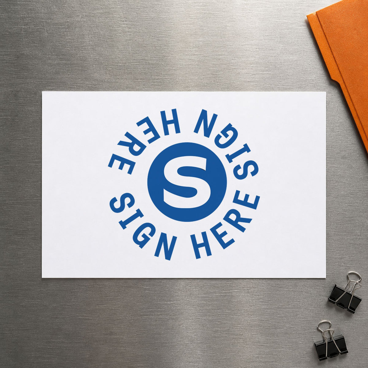"Sign here" impression shown close up, round imprint at 5/8 in diameter