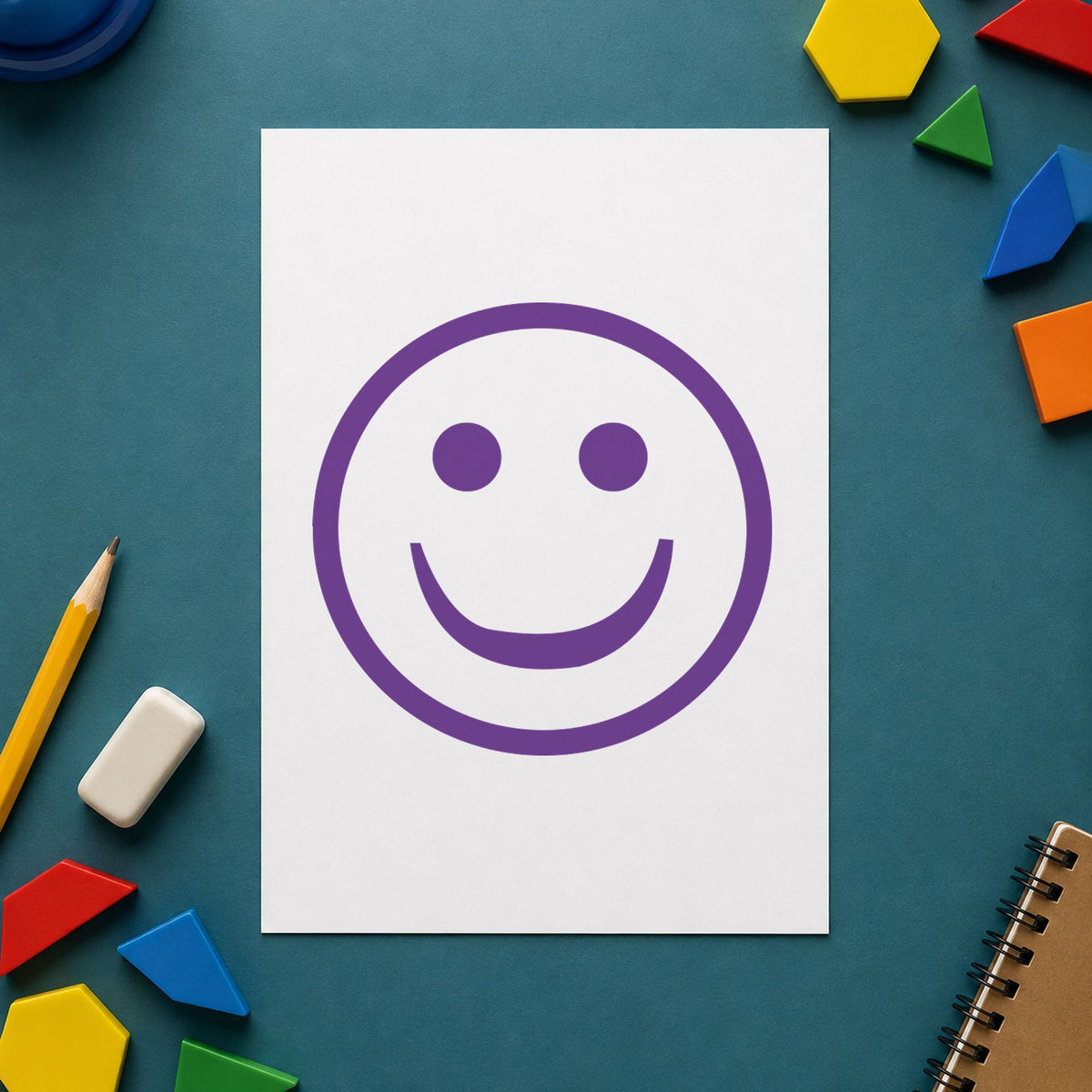 "Smiley face" imprint stamped on a document with the Xstamper Smiley Face Stamp – Round Violet Pre-Inked